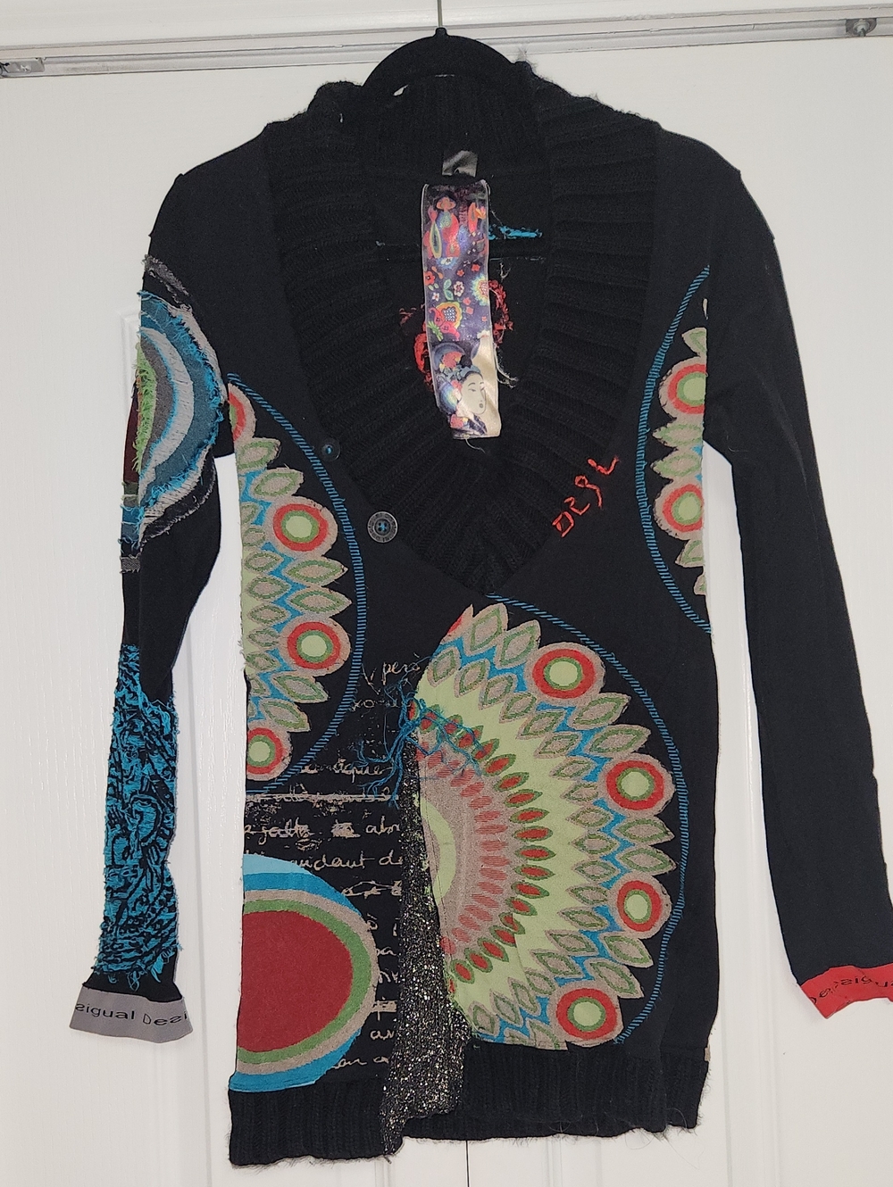 Desigual Black Sweater Cardigan with Multicolor Circular Motifs